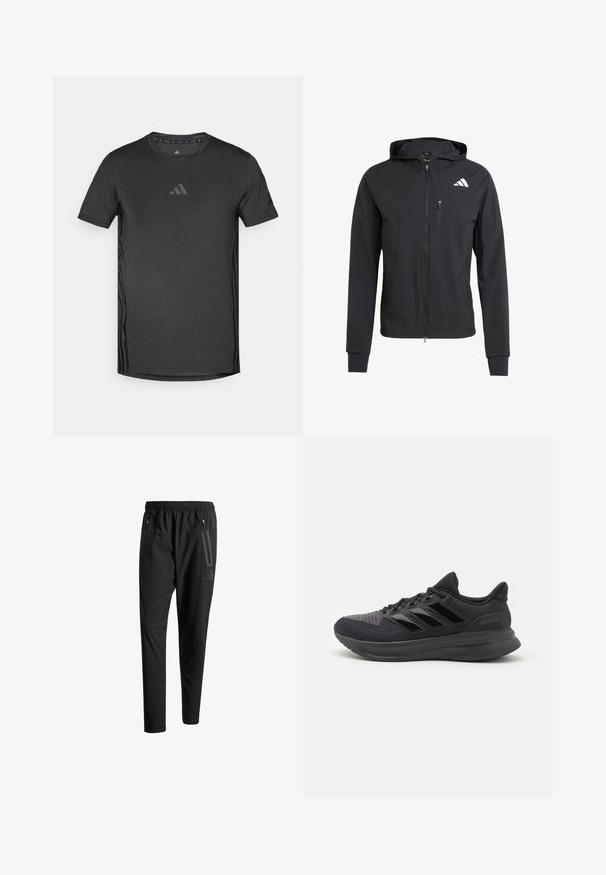 Black zip-up hooded jacket made of soft, lightweight fabric. Features a zippered chest pocket and logo detail on the upper left side.; Black athletic t-shirt with short sleeves, made of breathable fabric. Features a subtle logo on the chest and textured side accents.; Black athletic pants with an elastic waistband, two zippered side pockets, tapered legs, and a subtle logo detail on the hip.; Black athletic shoe with textured fabric upper, rubber sole, and three shiny black stripes on the side. Rounded toe and cushioned heel.