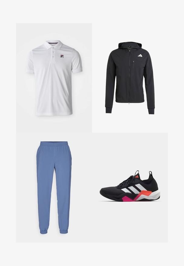 Mustmust mustrip ja pehmeast, kerge kangast. Varustatud lukuga rinna tasku ja logoga detail vasakul ülal.; Valge polo särk, mis on valmistatud sujuvast ja hingavast kangast. Omab nööbita kaelust ja väikest logo vasakul rinnal. Lühikesed varrukad.; Sinine, kerge jooksmishari, millel on elastne krae ja mansetid. Omab siledat tekstuuri ja väikest logo ääres.; Mustaline spordijalats valgete triipudega, tekstureeritud ülemise osaga ja pehme tallaga, millel on oranžid, roosad ja valged aktsendid. Sidumisdisain koos tõmblukuga.