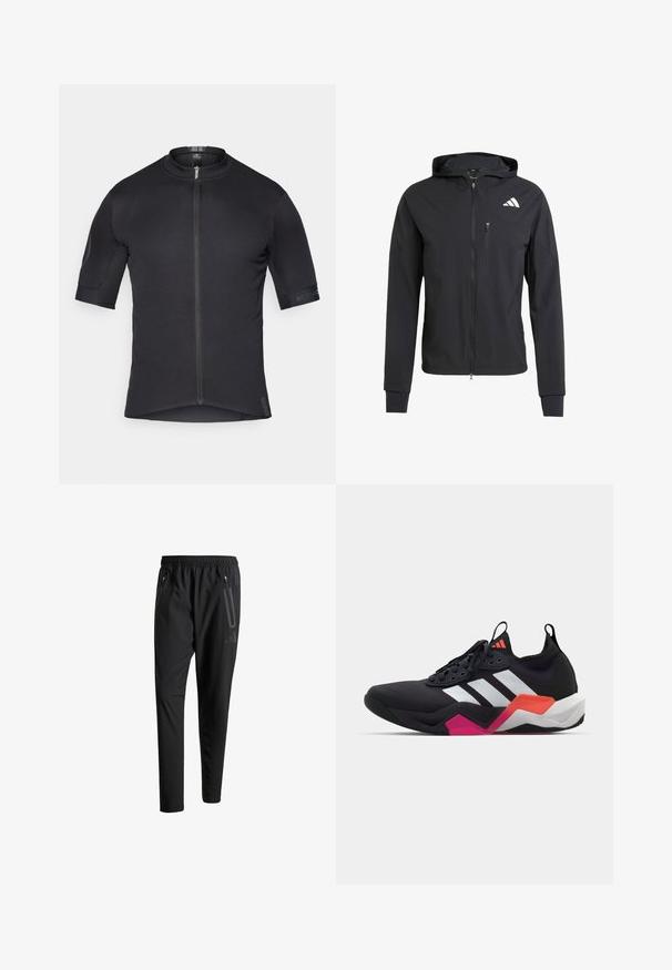 Zwarte ritssluiting capuchonjack van zacht, lichtgewicht materiaal. Heeft een ritszak op de borst en een logo-detail aan de bovenste linkerkant.; Heren fietsjersey, korte mouwen, zwarte kleur, lichtgewicht stof, gestructureerde schouders, rits aan de voorkant, getailleerd ontwerp, platte naden, subtiele branding.; Zwarte sportbroeken met een elastische tailleband, twee ritszakken aan de zijkant, taps toelopende pijpen en een subtiele logo-detail op de heup.; Zwarte sportschoen met witte strepen, textuur bovenwerk en een chunky zool met oranje, roze en witte accenten. Vetersluiting met een treklus.