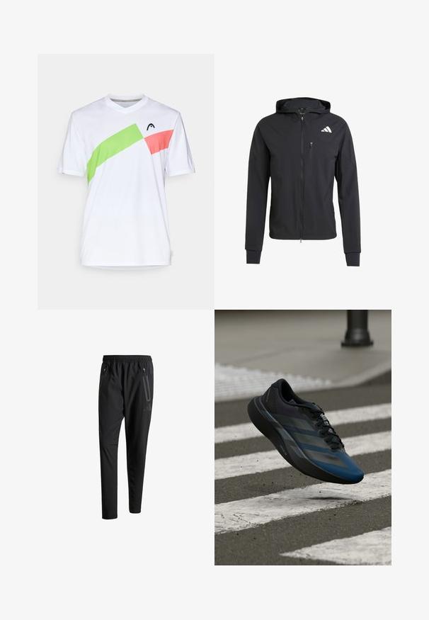 Fekete zipzáras kapucnis dzseki puha, könnyű anyagból. Zsebes mellzsebbel és logó részlettel a bal felső oldalon.; Fehér sportpóló V-nyakkal, zöld és rózsaszín átlós díszítéssel. Könnyű, lélegző anyagból készült.; Fekete sportos nadrág elasztikus derékpánttal, két cipzáras oldalt zsebbel, tapered lábakkal és diszkrét logóval a csípőn.; Fekete és kék sportcipő áramvonalas kialakítással, texturált felsőrésszel, kontrasztos csíkokkal és párnázott talppal, járda fölött lebegve.