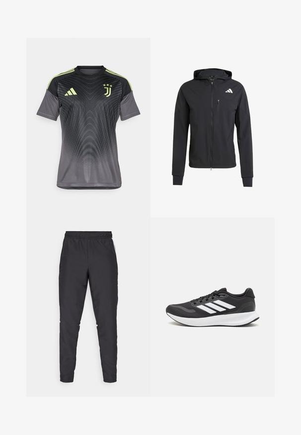 Sort zip-up hættetrøje lavet af blødt, letvægtsstof. Har en lynlåslomme på brystet og logo-detalje på øverste venstre side.; Grå atletisk trøje med et gradientdesign, der har sorte ærmer, tre grønne striber på skuldrene og et Juventus-logo.; Sorte atletiske bukser med elastisk talje, snævre ben og hvide sidelæggi. Fremstillet af syntetisk materiale med en glat overflade.; Sort atletik sko med åndbart mesh-overdel, hvide accenter og en polstret sål. Har tre-stripes logo på siden.
