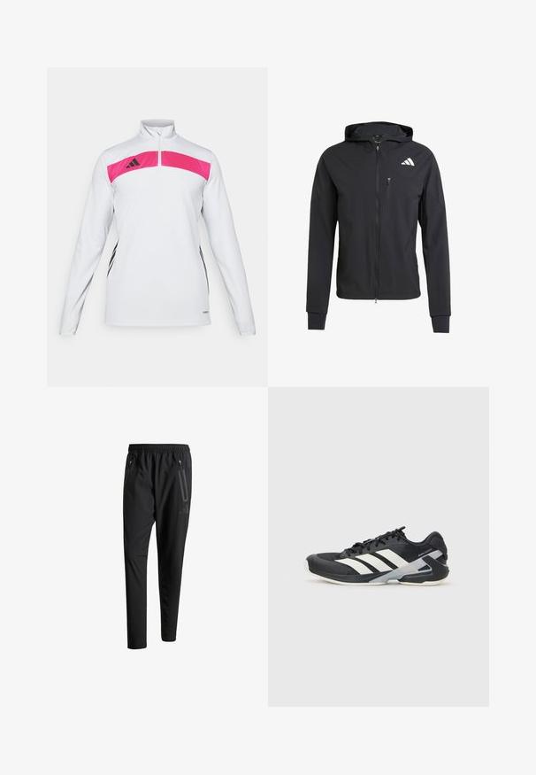 Crna zip-jakna s kapuljačom izrađena od mekog, laganog materijala. Ima ziper džep na grudima i detalj s logotipom na gornjoj lijevoj strani.; Dugulja majica dugih rukava u bijeloj boji s ružičastim panelom preko prsnog dijela, s četvrtim zatvaračem i crnim detaljima s strane.; Crne atletske hlače s elastičnim pojasom, dva bočna džepa sa zatvaračem, suženi nogavici i diskretnim logotipom na kuku.; Crne atletske cipele s bijelim prugama, mrežasta gornja strana, zaobljeni prst i podstavljeni đon. Imaju teksturiranu petu i siguran sustav vezivanja.