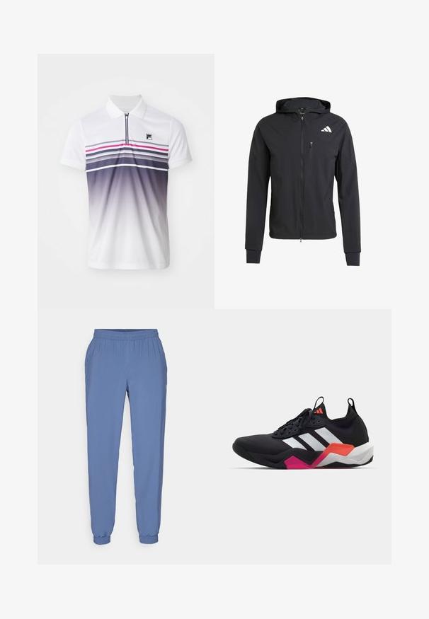 Casaco com capuz preto, com fecho éclair, feito de um tecido suave e leve. Possui um bolso no peito com fecho éclair e detalhe do logo no lado superior esquerdo.; Camisa polo branca de mangas curtas, com fecho de zíper na frente, listras horizontais em roxo, rosa e cinza, e um pequeno logotipo preto no peito.; Calças jogger leves e azuis, com uma cintura elástica e punhos elásticos. Apresentam uma textura suave e um pequeno logotipo de lado.; Sapatilha atlética preta com riscas brancas, parte superior texturizada e sola robusta com detalhes em laranja, rosa e branco. Design com atacadores e alça de puxar.