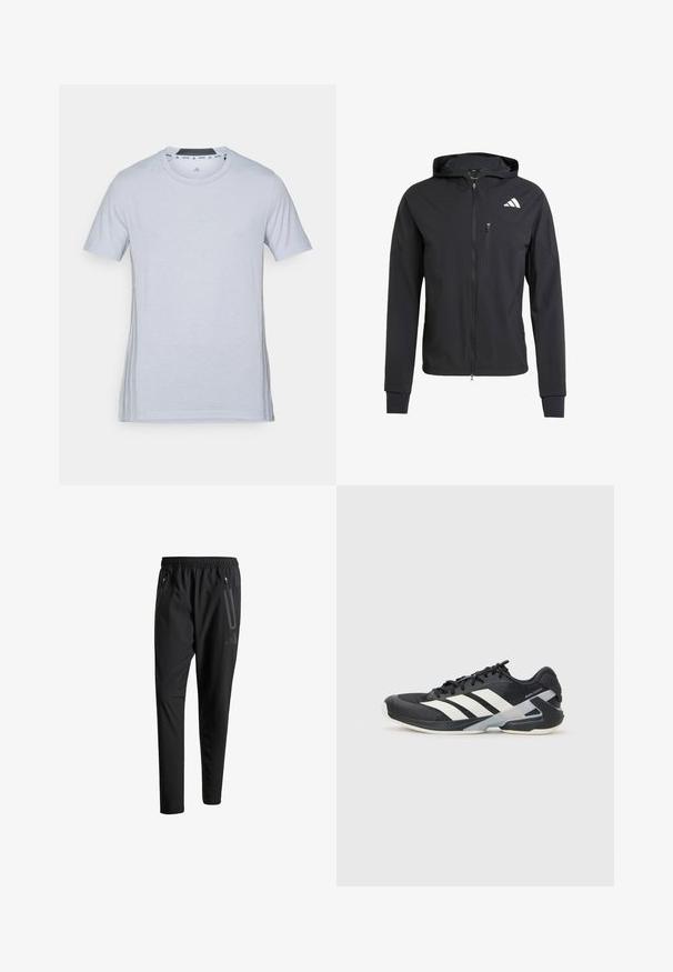 Mustmust mustrip ja pehmeast, kerge kangast. Varustatud lukuga rinna tasku ja logoga detail vasakul ülal.; Heled hall spordit-särk lühikeste varrukatega, ümar kaelus ja diskreetne logo ees. Pehme kangas, sile tekstuur ja külgmised aktsendid.; Mustavad spordipüksid elastse vöökoha, kahe tõmblukuga küljetasku, kitsenevate säärete ning õrna logodetailiga puusadel.; Mustad sportlik jalanõud mustade värvidega, valgete triipudega, võrgusilma pealmine osa, ümar varvas ja pehme tallaga. Omab tekstureeritud kontsa ja kindlat paeltesüsteemi.