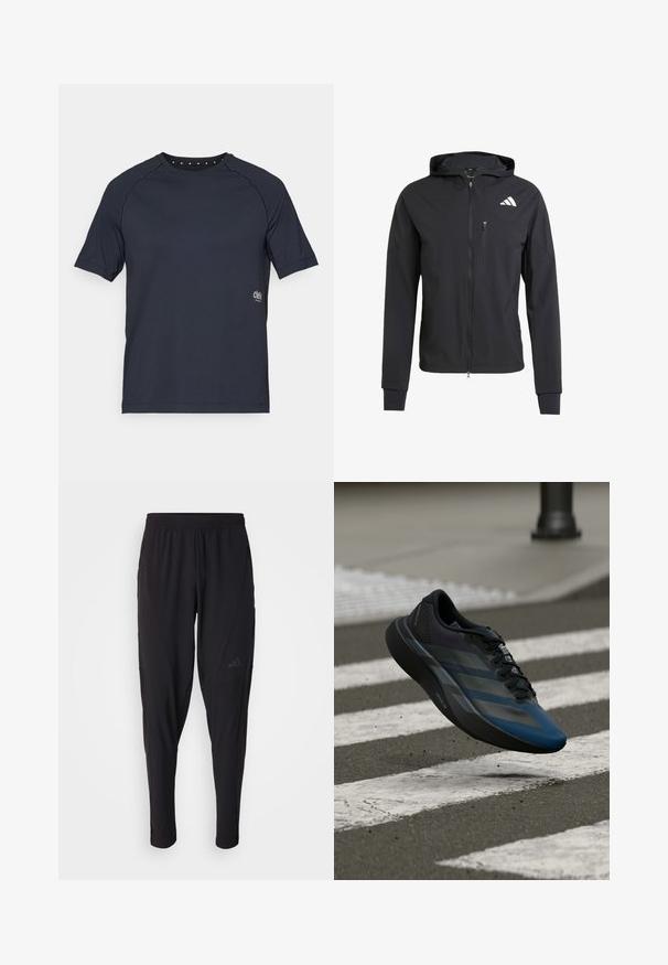 Crna zip-jakna s kapuljačom izrađena od mekog, laganog materijala. Ima ziper džep na grudima i detalj s logotipom na gornjoj lijevoj strani.; Tamno mornarica kratki rukav majica napravljena od lagane tkanine, s okruglim izrezom i malim rupicama na leđima te logotipom sprijeda.; Crne sportske hlače s elastičnim pojasom, suženim dizajnom, bočnim džepovima i suptilnim logotipom. Izrađene od fleksibilne, prozračne tkanine.; Crna i plava sportska cipela sa zakrivljenim dizajnom, teksturiranom gornjom stranom, kontrastnim prugama i jastučićem u potplatu, lebdi iznad pločnika.