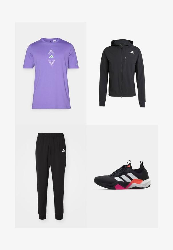 Chaqueta con capucha de color negro y cremallera, hecha de un tejido suave y ligero. Presenta un bolsillo en el pecho con cremallera y un detalle del logo en el lado superior izquierdo.; Camiseta de manga corta morada, hecha de tela suave, con un diseño gráfico central en blanco y verde que presenta una forma de diamante y un detalle de logotipo.; Pantalones deportivos negros con una cinturilla elástica, tobillos ajustados y el logo de Adidas en blanco en el muslo izquierdo. Fabricados con un tejido ligero y suave.; Zapatilla deportiva negra con rayas blancas, parte superior texturizada y suela gruesa con acentos en naranja, rosa y blanco. Diseño con cordones y tirador.
