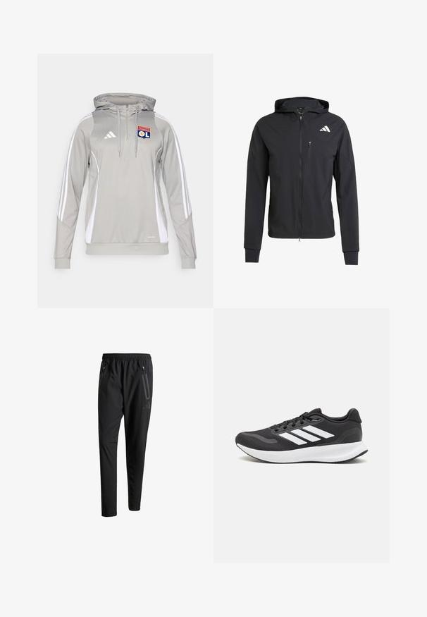 Svart hettejakke med glidelås laget av mykt, lett materiale. Har en glidelåslomme på brystet og logo detaljer øverst til venstre.; Grå treningsoverdels med hvite sid paneler og tre hvite striper på ermene. Har en frontglidelås, snorhette og brodert logo.; Svarte treningsbukser med elastisk liv, to glidelåslommer på sidene, avsmalnende ben og en subtil logo detalj ved hoften.; Svarte sportsko med pustende mesh-overdel, hvite detaljer og en polstret såle. Har tre striper-logo på siden.