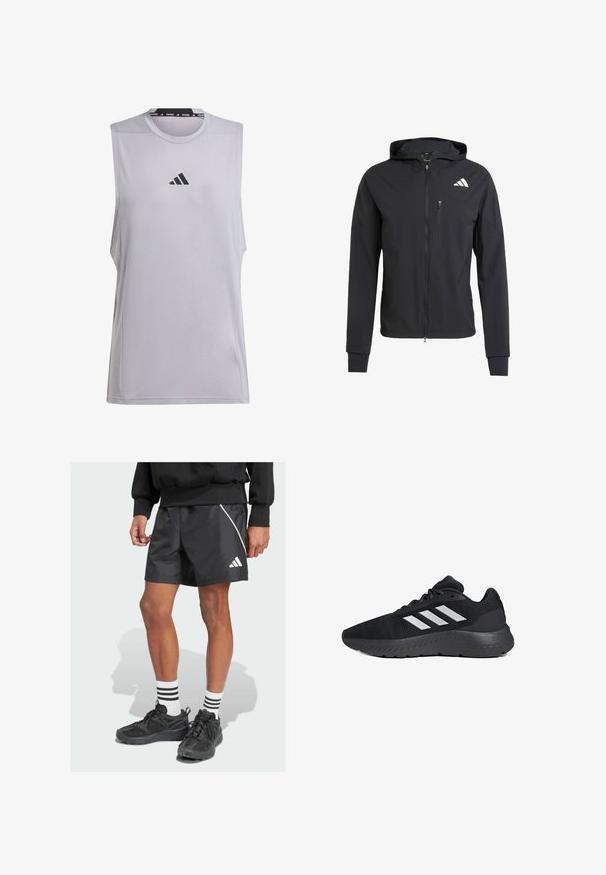 Giacca nera con zip e cappuccio realizzata in tessuto morbido e leggero. Presenta una tasca sul petto con zip e un dettaglio del logo sulla parte superiore sinistra.; Canotta sportiva senza maniche in tessuto grigio chiaro con una texture liscia. Presenta un logo adidas nero centrato sul petto e un colletto decorato.; Pantaloni sportivi neri con una striscia diagonale bianca e logo Adidas. Indossati con scarpe da ginnastica nere e calze bianche con tre strisce nere.; Scarpa sportiva nera con tomaia in rete, tre strisce bianche, suola imbottita e dettagli testurizzati lungo la suola.