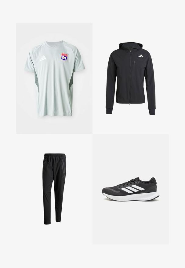 Fekete zipzáras kapucnis dzseki puha, könnyű anyagból. Zsebes mellzsebbel és logó részlettel a bal felső oldalon.; Világosszürke, rövid ujjú futballpóló, amelyen kerek nyakú kivágás, Adidas logó és Olympique Lyonnais címere található elöl, valamint texturált oldalakkal rendelkezik.; Fekete sportos nadrág elasztikus derékpánttal, két cipzáras oldalt zsebbel, tapered lábakkal és diszkrét logóval a csípőn.; Fekete sportcipő légáteresztő hálós felsőrésszel, fehér kiegészítőkkel és párnázott talppal. Az oldalon három csíkkal ellátott logó található.