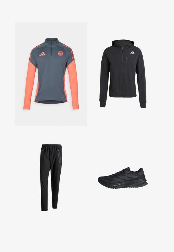 Giacca nera con zip e cappuccio realizzata in tessuto morbido e leggero. Presenta una tasca sul petto con zip e un dettaglio del logo sulla parte superiore sinistra.; Maglietta sportiva grigia a maniche lunghe con zip a un quarto, dettagli corallo su spalle e maniche, e logo del Bayern Monaco sul petto. Tecnologia Aeroready.; Pantaloni sportivi neri con vita elastica, due tasche laterali con cerniera, gambe affusolate e un sottile dettaglio del logo sull'anca.; Scarpa da corsa nera Adidas con tomaia in Gore-Tex, tre righe sul lato e "Dreamstrike" sulla suola, vista dal lato esterno.
