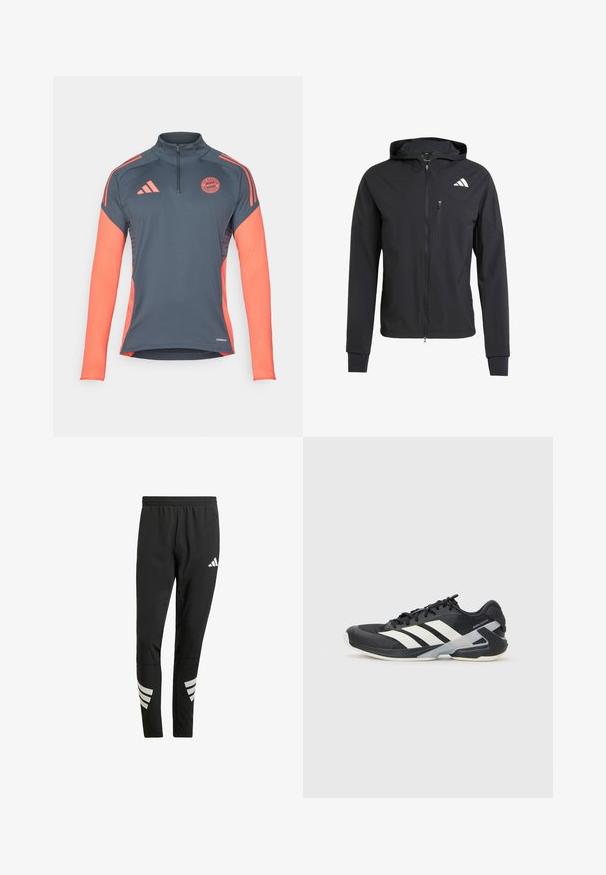 Black zip-up hooded jacket made of soft, lightweight fabric. Features a zippered chest pocket and logo detail on the upper left side.; Gray athletic long-sleeve shirt with a quarter zipper, coral accents on shoulders and sleeves, and Bayern München logo on chest. Aeroready technology.; Black athletic pants with an elastic waistband, featuring reflective white accents in a striped pattern on the lower legs. Made from a smooth fabric.; Black athletic shoe with white stripes, mesh upper, rounded toe, and cushioned sole. Features a textured heel and secure lacing system.