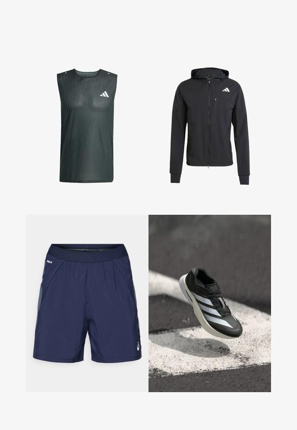 Čierna zipsová bunda s kapucňou vyrobená z mäkkej, ľahkej tkaniny. Má zipsovú náprsné vrecko a logo umiestnené v hornej ľavej časti.; Bezrukávová tmavosivá vesta vyrobená z pletivovej tkaniny, s jemným vzorom, zaobleným výstrihom a bielym logom na ľavej strane hrudníka.; Námořnické modré športové šortky s elastickým pásom, bočnými vreckami a svetlosivými akcentmi. Vyrobené z ľahkého, hladkého materiálu pre pohodlie.; Čierna športová obuv s tromi bielymi pruhmi, textúrovaným zvrškom, štíhlym dizajnom a zakrivenou podrážkou, umiestnená nad bielou čiarou na asfaltovom povrchu.