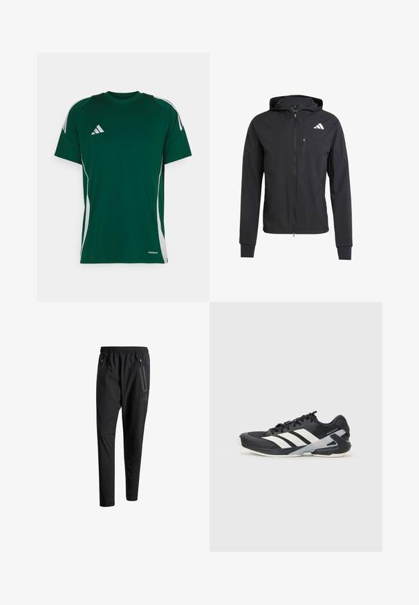Mustmust mustrip ja pehmeast, kerge kangast. Varustatud lukuga rinna tasku ja logoga detail vasakul ülal.; Roheline sportlik T-särk lühikeste varrukatega, millel on valged külje triibud ja tikitud logo vasakul rinnal. Valmistatud hingavast kangast.; Mustavad spordipüksid elastse vöökoha, kahe tõmblukuga küljetasku, kitsenevate säärete ning õrna logodetailiga puusadel.; Mustad sportlik jalanõud mustade värvidega, valgete triipudega, võrgusilma pealmine osa, ümar varvas ja pehme tallaga. Omab tekstureeritud kontsa ja kindlat paeltesüsteemi.