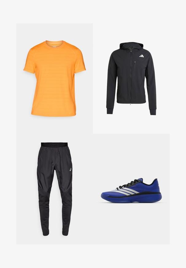 Μαύρο φούτερ με φερμουάρ, φτιαγμένο από μαλακό, ελαφρύ ύφασμα. Διαθέτει τσέπη στο στήθος με φερμουάρ και λεπτομέρεια λογότυπου στην αριστερή επάνω πλευρά.; Πορτοκαλί κοντομάνικη μπλούζα από ελαφρύ ύφασμα, με διακριτή ρίγα και στρογγυλή λαιμόκοψη που διαθέτει κεντημένο λογότυπο.; Μαύρα αθλητικά παντελόνια με ελαστική μέση, πλαϊνές τσέπες και αντίθετα υφασμάτινα πάνελ στα πόδια. Λογότυπο Asics στο ισχίο.; adidas Performance ADIZERO SELECT 3.0 - Παπούτσια μπάσκετ - lucid blue/core black/metallic