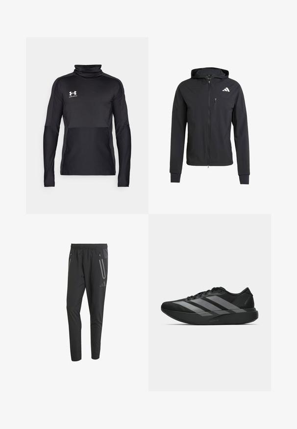 Crna zip-jakna s kapuljačom izrađena od mekog, laganog materijala. Ima ziper džep na grudima i detalj s logotipom na gornjoj lijevoj strani.; Crni sportski sweatshirt dugih rukava s visokim ovratnikom, teksturiranom tkaninom i kontrastnim mat dijelovima. Ima Under Armour logo u bijeloj boji.; Crne sportske hlače s elastičnim pojasom, dva bočna džepa sa zatvaračem, suženi kroj i reflektirajući detalji sprijeda.; Crne atletske tenisice s laganim dizajnom, koje imaju tri istaknute sive pruge, glatku teksturu i oblikovanu pogodnu potplat.