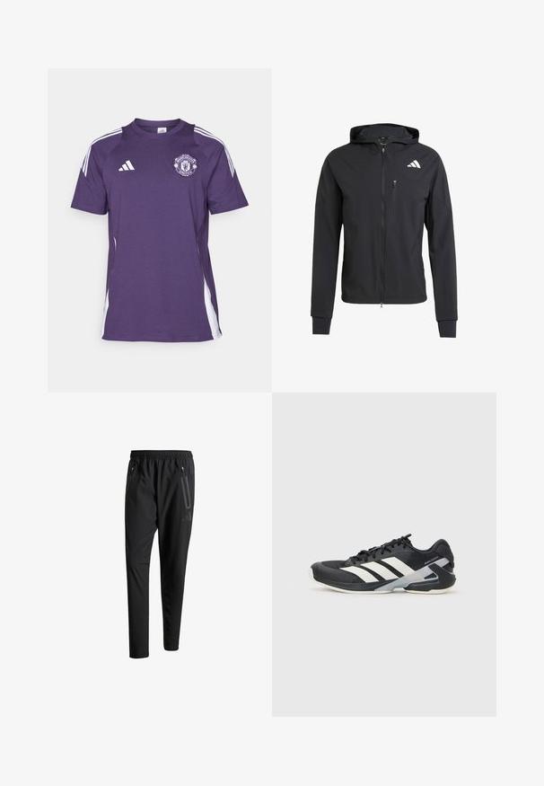 Black zip-up hooded jacket made of soft, lightweight fabric. Features a zippered chest pocket and logo detail on the upper left side.; Purple sports jersey with white accents, featuring short sleeves, a round neck, and Manchester United logo on the chest. Made of lightweight fabric.; Black athletic pants with an elastic waistband, two zippered side pockets, tapered legs, and a subtle logo detail on the hip.; Black athletic shoe with white stripes, mesh upper, rounded toe, and cushioned sole. Features a textured heel and secure lacing system.