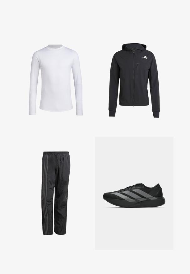 Black zip-up hooded jacket made of soft, lightweight fabric. Features a zippered chest pocket and logo detail on the upper left side.; White long-sleeve athletic shirt, made of smooth, stretchy fabric. Features a crew neckline and streamlined fit, with subtle detailing on sleeves.; Black athletic pants made of lightweight, textured material featuring a loose fit, elastic waistband, and three vertical grey stripes on the sides.; Black athletic shoes with a lightweight design, featuring three prominent gray stripes, a smooth texture, and a contoured sole.