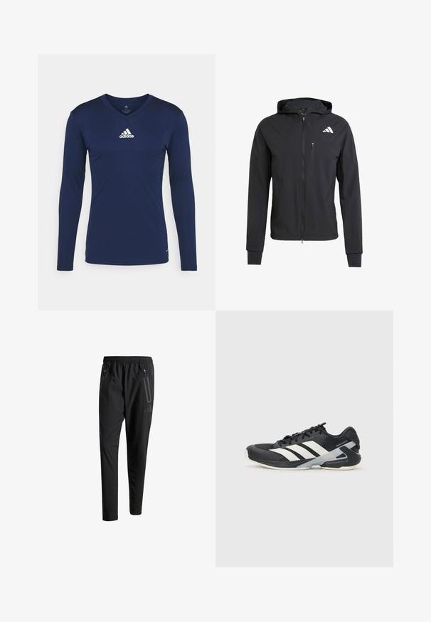 Juodas užtrauktuku užsegamas džemperis su gobtuvu, pagamintas iš minkštos, lengvos medžiagos. Turi užtrauktuką krūtinės kišenėje ir logotipą viršutiniame kairiajame kampe.; Jūrinės mėlynos spalvos ilgomis rankovėmis sportinė marškinėliai, pagaminti iš tekstūruoto audinio, su V formos iškirpte ir balta Adidas logotipu krūtinėje. Paprastas dizainas, prigludusio kirpimo.; Juodi sportiniai šortai su elastiniu juosmeniu, dviem užtrauktukais šoniniais kišenėmis, siaurėjančiomis kojomis ir subtiliu logotipo detaliu ant klubo.; Juoda sportinė avalynė su baltais dryžiais, tinklinis viršus, apvalus pirštas ir paminkštinta padais. Yra tekstūruota kulno dalis ir saugi raištelių sistema.