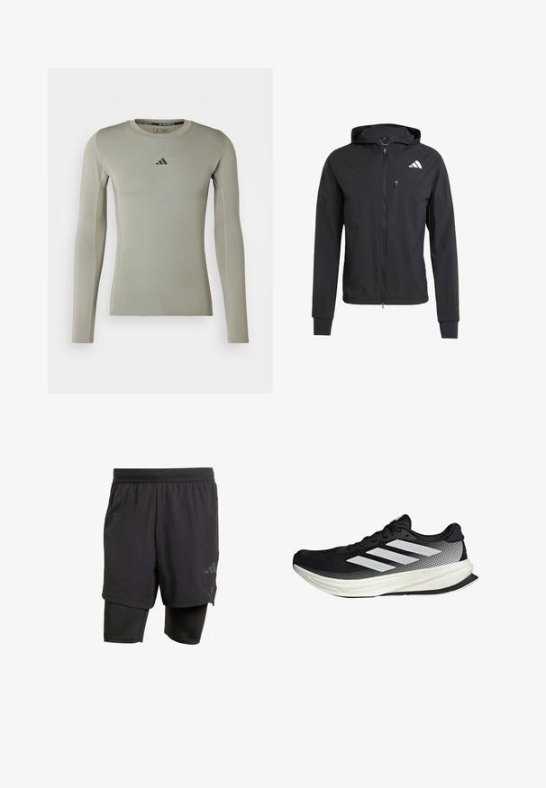 Sort zip-up hættetrøje lavet af blødt, letvægtsstof. Har en lynlåslomme på brystet og logo-detalje på øverste venstre side.; Langærmet atletisk skjorte i lysegrønt stof. Har en rund hals, tætsiddende design og et lille sort logo på brystet.; Svarte atletiske shorts med integreret inderlag, lavet af åndbart stof. Har diskret logo og struktureret tekstur. Justerbar talje.; Sort atletisk sko med mesh-design, der har hvide striber, en rund tå og en tekstureret sål for greb og støtte.