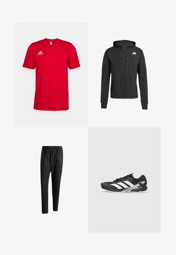 Black zip-up hooded jacket made of soft, lightweight fabric. Features a zippered chest pocket and logo detail on the upper left side.; Red cotton t-shirt with short sleeves, v-neck design, and white Adidas logo on the left chest. Smooth texture, no visible patterns.; Black athletic pants with an elastic waistband, two zippered side pockets, tapered legs, and a subtle logo detail on the hip.; Black athletic shoe with white stripes, mesh upper, rounded toe, and cushioned sole. Features a textured heel and secure lacing system.