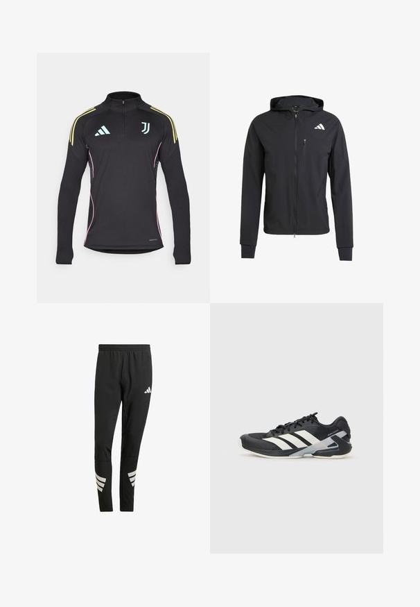 Čierna zipsová bunda s kapucňou vyrobená z mäkkej, ľahkej tkaniny. Má zipsovú náprsné vrecko a logo umiestnené v hornej ľavej časti.; Čierny tréningový top s dlhými rukávmi a polovičným zipsom, žlté pruhy na ramenách, ružové bočné akcenty a svetlomodrý logotyp na hrudi.; Čierne športové nohavice s elastickým pásom, s reflexnými bielymi akcentmi v pruhovanom vzore na dolnej časti nôh. Vyrobené z hladkej tkaniny.; Čierna športová obuv s bielymi pruhmi, sieťovinový zvršok, zaoblená špička a polstrovaná podrážka. Obsahuje štruktúrovaný opätok a bezpečný systém šnurovania.