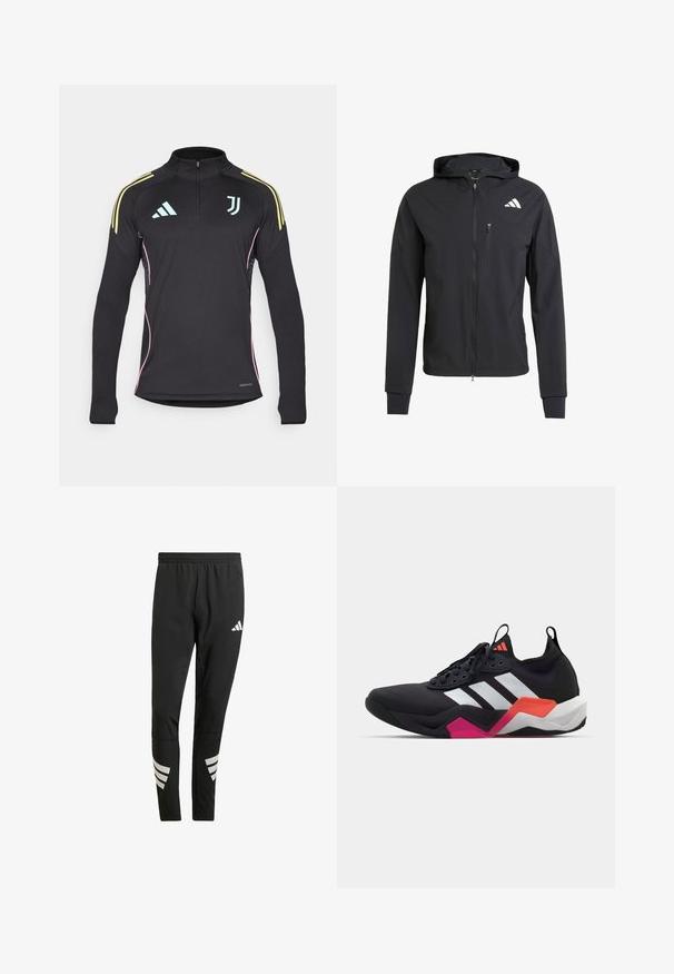 Casaco com capuz preto, com fecho éclair, feito de um tecido suave e leve. Possui um bolso no peito com fecho éclair e detalhe do logo no lado superior esquerdo.; Camisa de treino preta de mangas longas com fecho de meia zip, riscas amarelas nos ombros, detalhes em rosa nas laterais e logotipo azul claro no peito.; Calças atléticas pretas com um cós elástico, apresentando detalhes refletivos brancos em padrão riscado nas pernas inferiores. Feitas de um tecido suave.; Sapatilha atlética preta com riscas brancas, parte superior texturizada e sola robusta com detalhes em laranja, rosa e branco. Design com atacadores e alça de puxar.