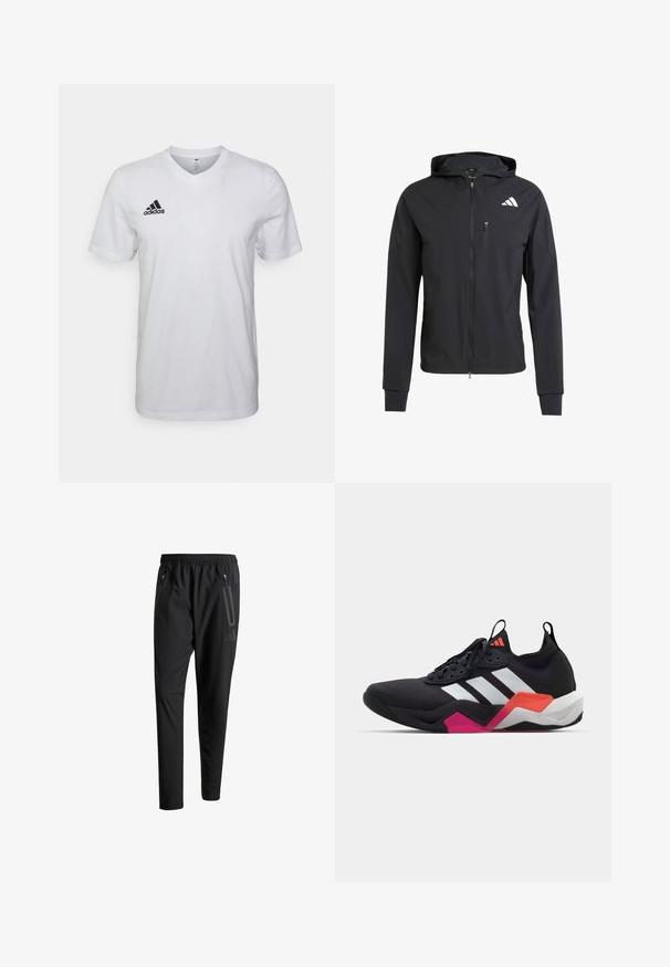 Czarna, zapinana na zamek kurtka z kapturem, wykonana z miękkiego, lekkiego materiału. Posiada kieszeń na zamek na klatce piersiowej oraz detal z logo na górnej lewej stronie.; Biała bawełniana koszulka z dekoltem w serek, krótkimi rękawami i czarnym logo Adidasa na lewej piersi. Prosty i lekki design.; Czarne spodnie sportowe z elastycznym paskiem w talii, dwiema zasuwanymi kieszeniami bocznymi, zwężanymi nogawkami i subtelnym logo na biodrze.; Czarne buty sportowe z białymi paskami, teksturowana cholewka oraz gruba podeszwa z pomarańczowymi, różowymi i białymi akcentami. Sznurowana konstrukcja z uchwytem.