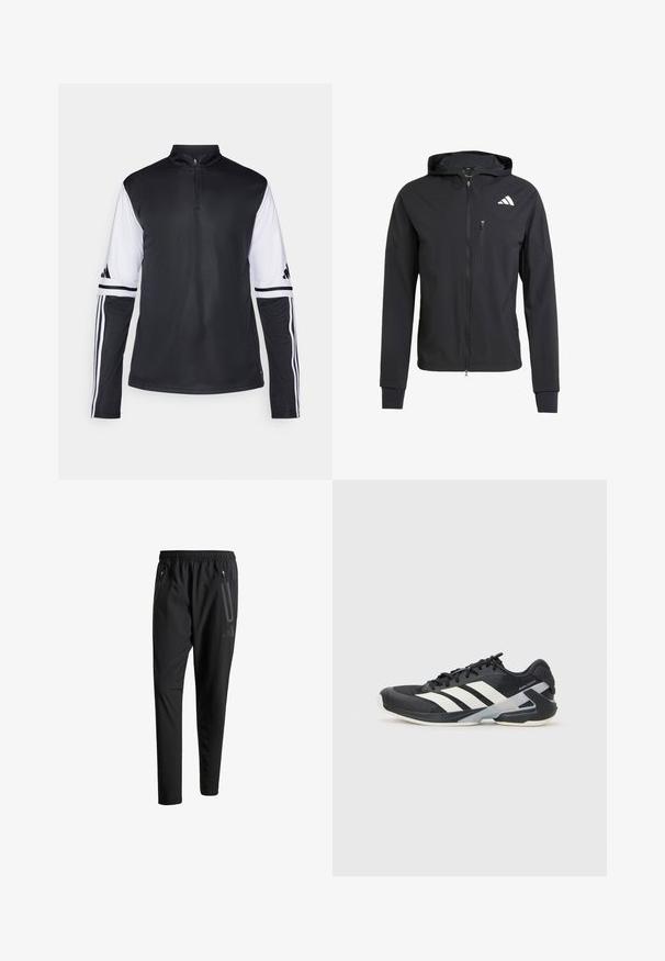 Svart hettejakke med glidelås laget av mykt, lett materiale. Har en glidelåslomme på brystet og logo detaljer øverst til venstre.; Svart og hvit langermet treningsskjorte med kvart-zip krage, med tre striper på ermene og logo-detaler. Glatt stofftekstur.; Svarte treningsbukser med elastisk liv, to glidelåslommer på sidene, avsmalnende ben og en subtil logo detalj ved hoften.; Svart treningssko med hvite striper, mesh-overdel, avrundet tå og polstret såle. Har en teksturert hæl og et sikkert snøresystem.