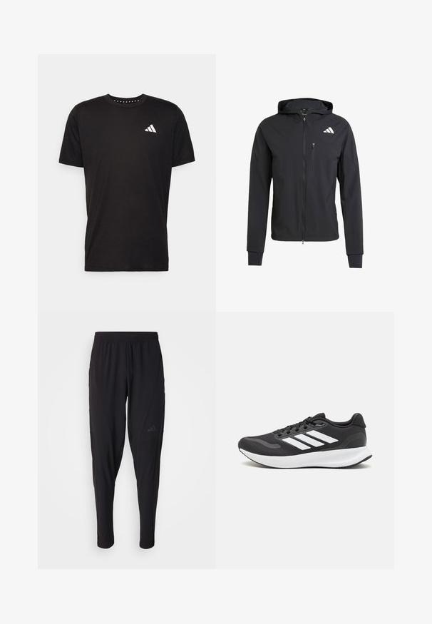 Crna zip-jakna s kapuljačom izrađena od mekog, laganog materijala. Ima ziper džep na grudima i detalj s logotipom na gornjoj lijevoj strani.; Crna pamučna majica s kratkim rukavima, okruglim izrezom i bijelim logotipom na lijevoj strani prsnog koša. Glatka tekstura i jednostavan dizajn.; Crne sportske hlače s elastičnim pojasom, suženim dizajnom, bočnim džepovima i suptilnim logotipom. Izrađene od fleksibilne, prozračne tkanine.; Crne atletske tenisice s prozračnom mrežicom na gornjem dijelu, bijelim akcentima i mekanim potplatom. Imaju logo s tri pruge sa strane.