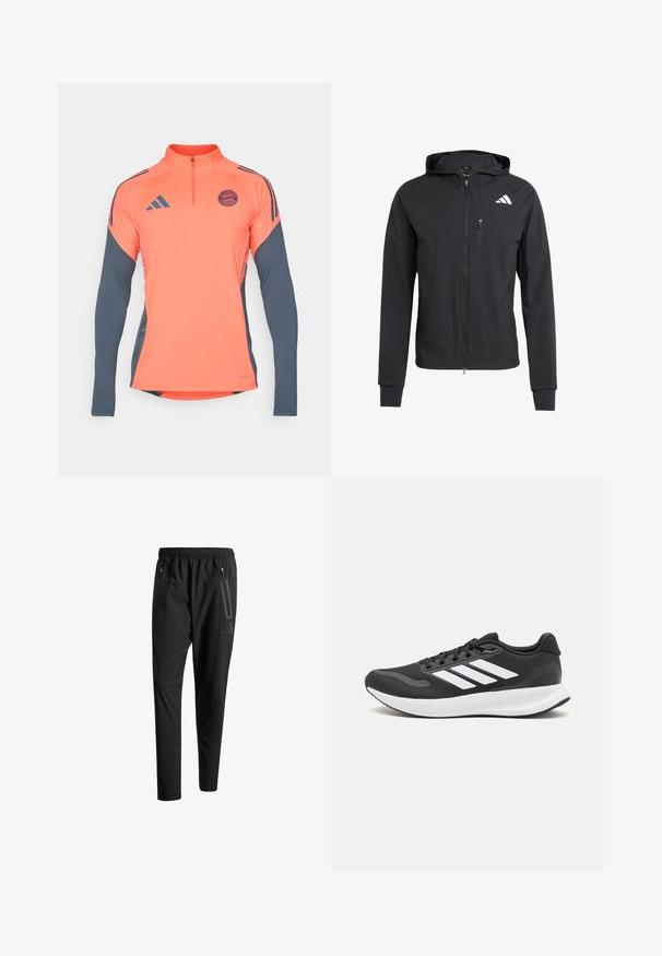 Casaco com capuz preto, com fecho éclair, feito de um tecido suave e leve. Possui um bolso no peito com fecho éclair e detalhe do logo no lado superior esquerdo.; Camisola atlética laranja com mangas longas cinzas, gola de fecho de meio zíper, logótipos Adidas e emblema do FC Bayern de Munique no peito. Tecido suave, design moderno.; Calças de treino pretas com uma cintura elástica, dois bolsos laterais com fecho, pernas ajustadas e um discreto detalhe de logotipo no quadril.; Shoe de atletismo preto com parte superior em malha respirável, detalhes brancos e sola almofadada. Apresenta o logotipo das três riscas na lateral.