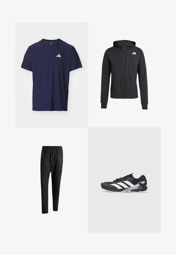 Fekete zipzáras kapucnis dzseki puha, könnyű anyagból. Zsebes mellzsebbel és logó részlettel a bal felső oldalon.; Sötétkék, rövid ujjas póló, texturált anyagból, kerek nyakkivágással és fehér logóval a bal mellen.; Fekete sportos nadrág elasztikus derékpánttal, két cipzáras oldalt zsebbel, tapered lábakkal és diszkrét logóval a csípőn.; Fekete sportcipő fehér csíkokkal, hálós felsőrész, kerek orr és párnázott talp. Texturált sarokkal és biztonságos fűzőrendszerrel rendelkezik.