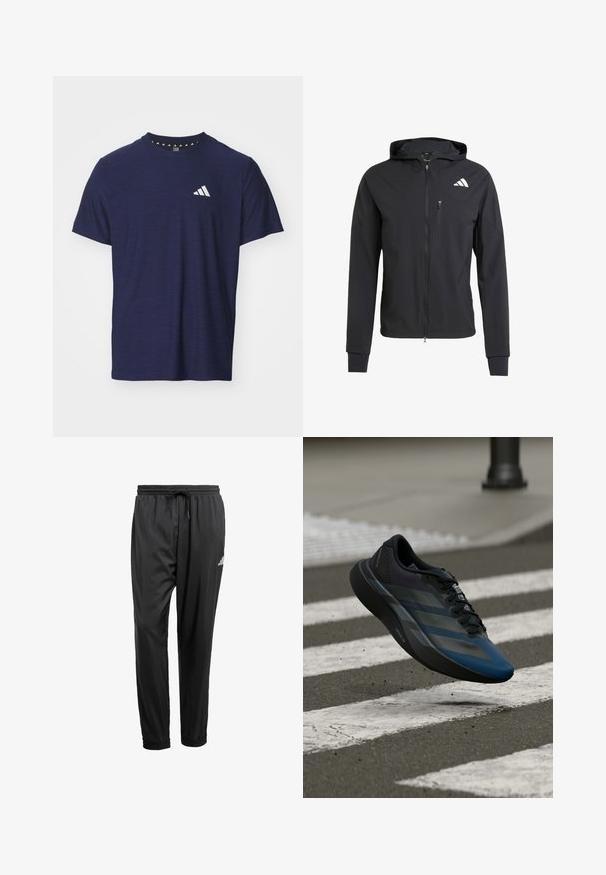 Μαύρο φούτερ με φερμουάρ, φτιαγμένο από μαλακό, ελαφρύ ύφασμα. Διαθέτει τσέπη στο στήθος με φερμουάρ και λεπτομέρεια λογότυπου στην αριστερή επάνω πλευρά.; Ναυτικό μπλε κοντομάνικο μπλουζάκι φτιαγμένο από υφασμάτινη ύλη με στρογγυλή λαιμόκοψη και λευκό σχέδιο λογότυπου στην αριστερή περιοχή του στήθους.; Μαύρο αθλητικό παντελόνι με ελαστική ζώνη, κορδόνι, μανσέτες στους αστραγάλους και ένα μικρό λευκό λογότυπο στον δεξί μηρό.; Μαύρο και μπλε αθλητικό παπούτσι με κομψό σχέδιο, με υφασμένη επάνω επιφάνεια, αντίθετες ρίγες και μαλακή σόλα, αιωρούμενο πάνω από το πεζοδρόμιο.