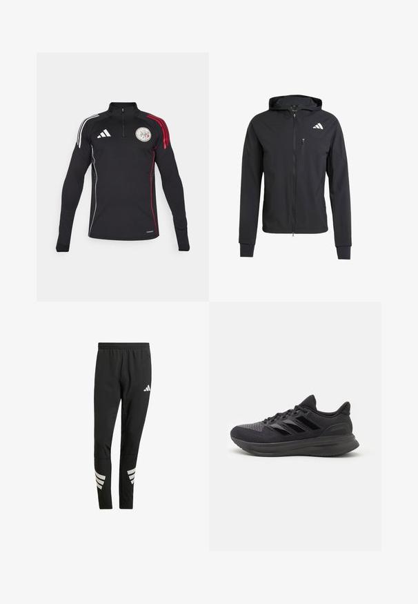 Black zip-up hooded jacket made of soft, lightweight fabric. Features a zippered chest pocket and logo detail on the upper left side.; Black athletic zip-up top with long sleeves, features three white stripes on one shoulder, red accents, and a circular logo on the chest.; Black athletic pants with an elastic waistband, featuring reflective white accents in a striped pattern on the lower legs. Made from a smooth fabric.; Black athletic shoe with textured fabric upper, rubber sole, and three shiny black stripes on the side. Rounded toe and cushioned heel.