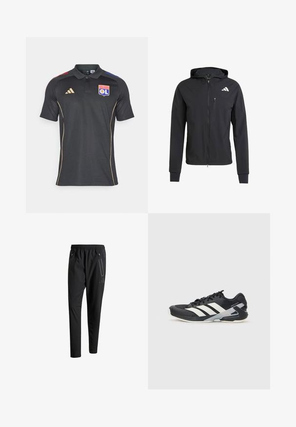 Fekete zipzáras kapucnis dzseki puha, könnyű anyagból. Zsebes mellzsebbel és logó részlettel a bal felső oldalon.; Fekete polo póló, textúrált anyagból készült, gallérral, arany díszítésekkel és piros-kék színű csíkokkal a vállakon. Tartalmaz egy logót.; Fekete sportos nadrág elasztikus derékpánttal, két cipzáras oldalt zsebbel, tapered lábakkal és diszkrét logóval a csípőn.; Fekete sportcipő fehér csíkokkal, hálós felsőrész, kerek orr és párnázott talp. Texturált sarokkal és biztonságos fűzőrendszerrel rendelkezik.