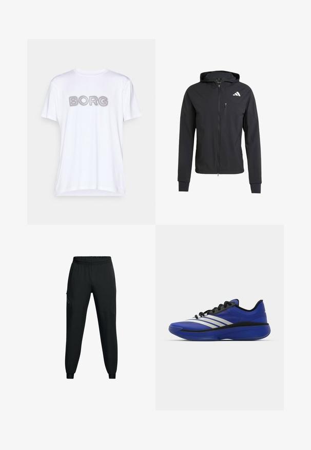 Svart hettejakke med glidelås laget av mykt, lett materiale. Har en glidelåslomme på brystet og logo detaljer øverst til venstre.; Hvit bomulls t-skjorte med en teksturert grå "BORG"-logo på brystet. Korte ermer med rund hals, myk stoff.; Sorte joggebukser med elastisk midje, tapered ben design, sidelommer og kontrasterende paneldetaljer. Lett, glatt stoff.; adidas Performance ADIZERO SELECT 3.0 - Basketballsko - lucid blue/core black/metallic