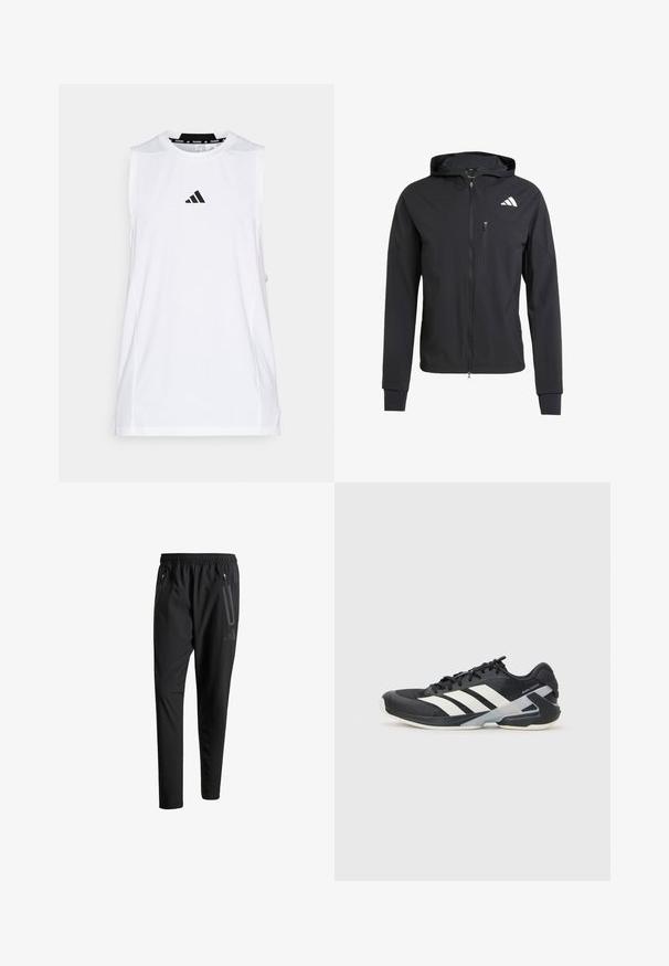 Giacca nera con zip e cappuccio realizzata in tessuto morbido e leggero. Presenta una tasca sul petto con zip e un dettaglio del logo sulla parte superiore sinistra.; adidas Performance TANK - Top - white; Pantaloni sportivi neri con vita elastica, due tasche laterali con cerniera, gambe affusolate e un sottile dettaglio del logo sull'anca.; Scarpa sportiva nera con strisce bianche, tomaia in rete, punta arrotondata e suola ammortizzata. Presenta un tallone testurizzato e un sistema di allacciatura sicuro.