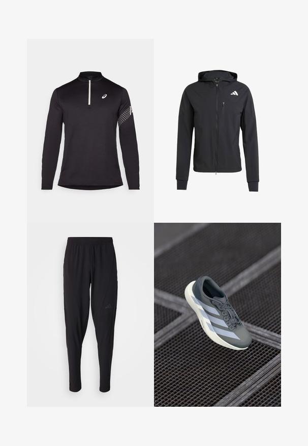 Veste à capuche zippée noire en tissu doux et léger. Elle présente une poche poitrine zippée et un détail de logo sur le côté supérieur gauche.; Haut noir à manches longues avec un col zippé mi-haut, en tissu texturé, et un logo blanc contrastant sur la poitrine ainsi qu'un motif à pois sur la manche.; Pantalons de sport noirs avec une taille élastique, design fuselé, poches latérales et détail de logo subtil. Fabriqués en tissu flexible et respirant.; Baskets grises et blanches, en matériau synthétique, avec un design épuré, une finition texturée et un système de laçage bien visible.