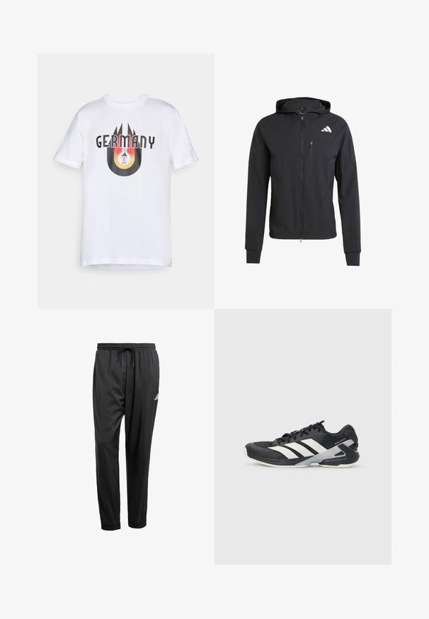 Zwarte ritssluiting capuchonjack van zacht, lichtgewicht materiaal. Heeft een ritszak op de borst en een logo-detail aan de bovenste linkerkant.; Witte katoenen t-shirt met een zwart en oranje grafisch ontwerp met de tekst "DUITSLAND" en een cirkelvormig ontwerp met een voetbal en strepen.; Zwarte sportbroek met elastische tailleband, trekkoord, aangesloten enkels en een klein wit logo op de rechterdij.; Zwarte sportschoen met witte strepen, bovenwerk van mesh, ronde neus en geveerde zool. Heeft een getextureerde hak en een veilig vetersysteem.