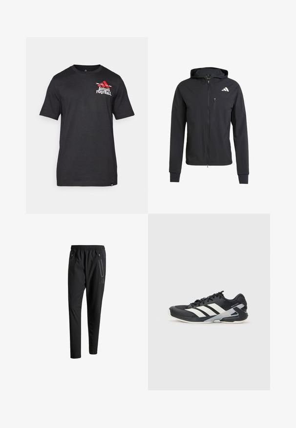 Zwarte ritssluiting capuchonjack van zacht, lichtgewicht materiaal. Heeft een ritszak op de borst en een logo-detail aan de bovenste linkerkant.; Zwart T-shirt met korte mouwen van katoen, met een rood Adidas-logo en de tekst "Football" op de linkerkant van de borst. Gladde textuur.; Zwarte sportbroeken met een elastische tailleband, twee ritszakken aan de zijkant, taps toelopende pijpen en een subtiele logo-detail op de heup.; Zwarte sportschoen met witte strepen, bovenwerk van mesh, ronde neus en geveerde zool. Heeft een getextureerde hak en een veilig vetersysteem.
