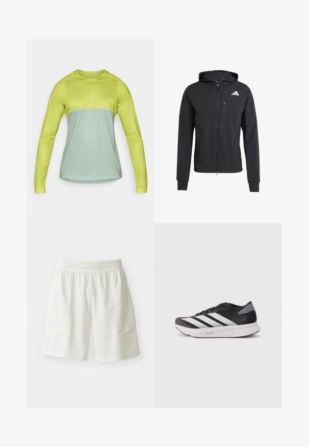 Black zip-up hooded jacket made of soft, lightweight fabric. Features a zippered chest pocket and logo detail on the upper left side.; Long-sleeve performance shirt in bright lime green and muted mint green, featuring a round neckline and a lightweight, breathable fabric.; ASICS MATCH SHORT - Sports shorts - cream; Black athletic shoe with white stripes, mesh upper, cushioned sole, and textured accents. Lightweight design for improved performance.