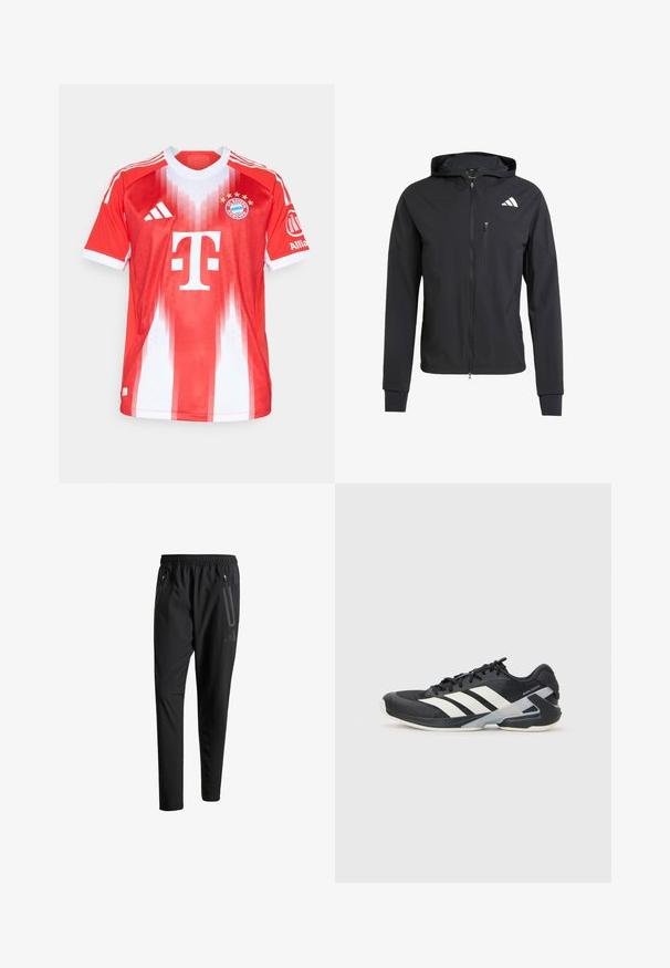 Casaco com capuz preto, com fecho éclair, feito de um tecido suave e leve. Possui um bolso no peito com fecho éclair e detalhe do logo no lado superior esquerdo.; Camisa de futebol vermelha e branca, feita de material respirável, com um decote redondo, padrão de riscas verticais, logótipo do clube e marca do patrocinador.; Calças de treino pretas com uma cintura elástica, dois bolsos laterais com fecho, pernas ajustadas e um discreto detalhe de logotipo no quadril.; Sapata atlética preta com riscas brancas, parte superior em malha, biqueira arredondada e sola acolchoada. Apresenta um calcanhar texturizado e um sistema de atacadores seguro.