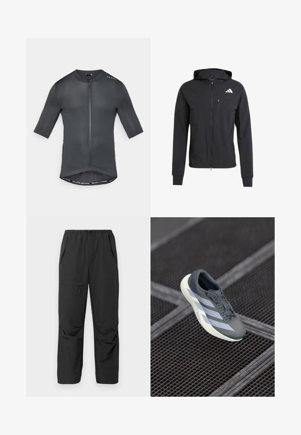 Zwarte ritssluiting capuchonjack van zacht, lichtgewicht materiaal. Heeft een ritszak op de borst en een logo-detail aan de bovenste linkerkant.; Korte mouwen fietsjersey in donkergrijs, met rits aan de voorkant, textuurstof en contrasterende binnenzoom met de tekst "RIDE FASTER. RIDE FURTHER."; Zwart, lichtgewicht broek met een elastische tailleband, zijzakken en een relaxed fit. Soepele structuur, geen zichtbare patronen of accenten.; Sportschoen in grijs en wit, gemaakt van synthetisch materiaal, met een gestroomlijnd ontwerp, textuurafwerking en een opvallend vetersysteem.