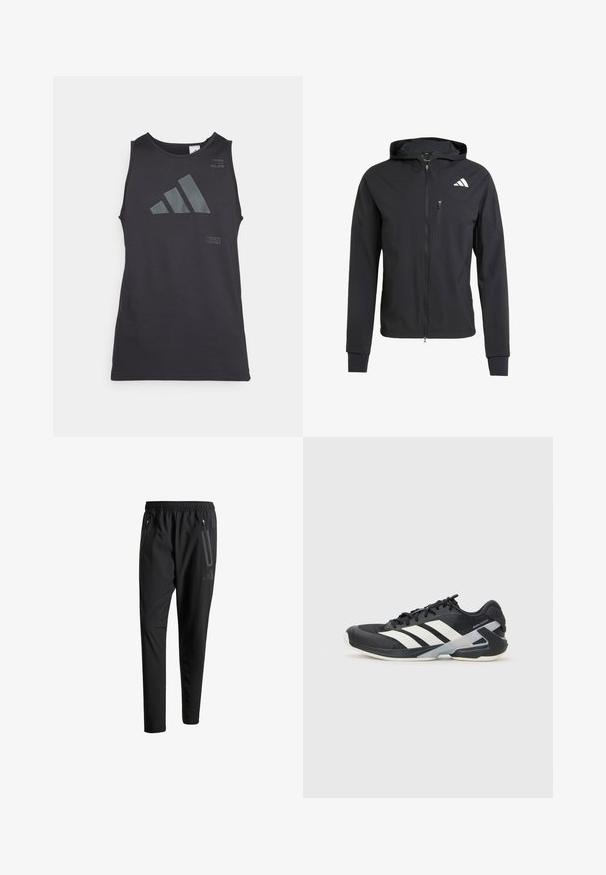 Černá zipová mikina s kapucí vyrobená z měkké, lehké látky. Obsahuje zipovou kapsu na prsou a detail loga na horní levé straně.; Černý bezrukávový sportovní top s šedým reflexním logem a textovými akcenty Adidas, vyrobený z hladké a lehké tkaniny.; Černé sportovní kalhoty s elastickým pasem, dvěma zipovými bočními kapsami, zúženými nohavicemi a decentním logem na boku.; Černá sportovní obuv s bílými pruhy, síťovaným svrškem, zaoblenou špičkou a polstrovanou podrážkou. Obsahuje texturovanou patu a bezpečný systém šněrování.