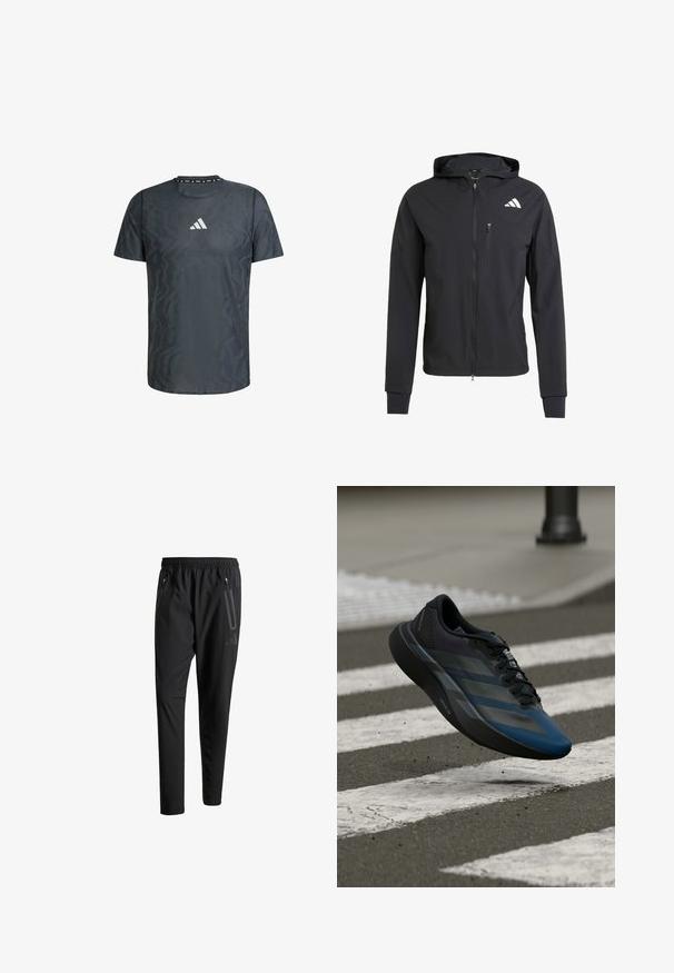 Crna zip-jakna s kapuljačom izrađena od mekog, laganog materijala. Ima ziper džep na grudima i detalj s logotipom na gornjoj lijevoj strani.; Tamna siva atletska majica s geometrijskim uzorkom, okrugli izrez, kratki rukavi i bijeli logo na prsima. Glatka tekstura.; Crne atletske hlače s elastičnim pojasom, dva bočna džepa sa zatvaračem, suženi nogavici i diskretnim logotipom na kuku.; Crna i plava sportska cipela sa zakrivljenim dizajnom, teksturiranom gornjom stranom, kontrastnim prugama i jastučićem u potplatu, lebdi iznad pločnika.
