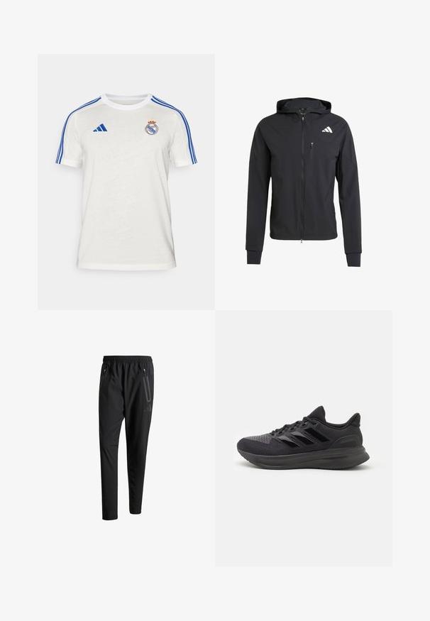 Czarna, zapinana na zamek kurtka z kapturem, wykonana z miękkiego, lekkiego materiału. Posiada kieszeń na zamek na klatce piersiowej oraz detal z logo na górnej lewej stronie.; Biała koszulka Adidas z niebieskimi paskami na ramionach, haftowanym logo klubu na piersi. Wykonana z lekkiego materiału, krótki rękaw.; Czarne spodnie sportowe z elastycznym paskiem w talii, dwiema zasuwanymi kieszeniami bocznymi, zwężanymi nogawkami i subtelnym logo na biodrze.; Czarne buty sportowe z teksturowanej tkaniny, gumową podeszwą i trzema błyszczącymi czarnymi paskami po boku. Okrągły czubek i wyściełane pięty.