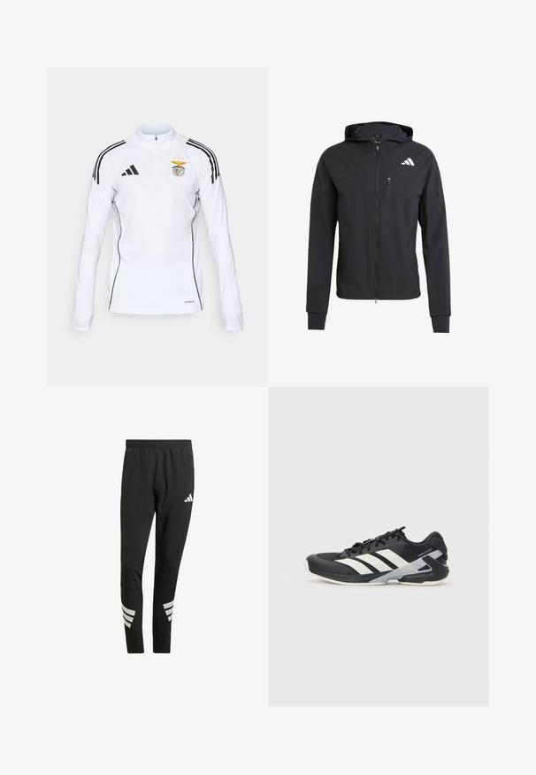Czarna, zapinana na zamek kurtka z kapturem, wykonana z miękkiego, lekkiego materiału. Posiada kieszeń na zamek na klatce piersiowej oraz detal z logo na górnej lewej stronie.; Biała sportowa bluzka z długim rękawem z czarnymi paskami na ramionach, pół-zamek z przodu, logo Adidas oraz herb klubu piłkarskiego Benfica na klatce piersiowej.; Czarne spodnie sportowe z elastycznym pasem, z odblaskowymi białymi akcentami w paski na dolnej części nóg. Wykonane z gładkiego materiału.; Czarne buty sportowe z białymi paskami, siateczkowa cholewka, zaokrąglony czubek i amortyzowana podeszwa. Posiadają teksturowany obcas i pewny system sznurowania.
