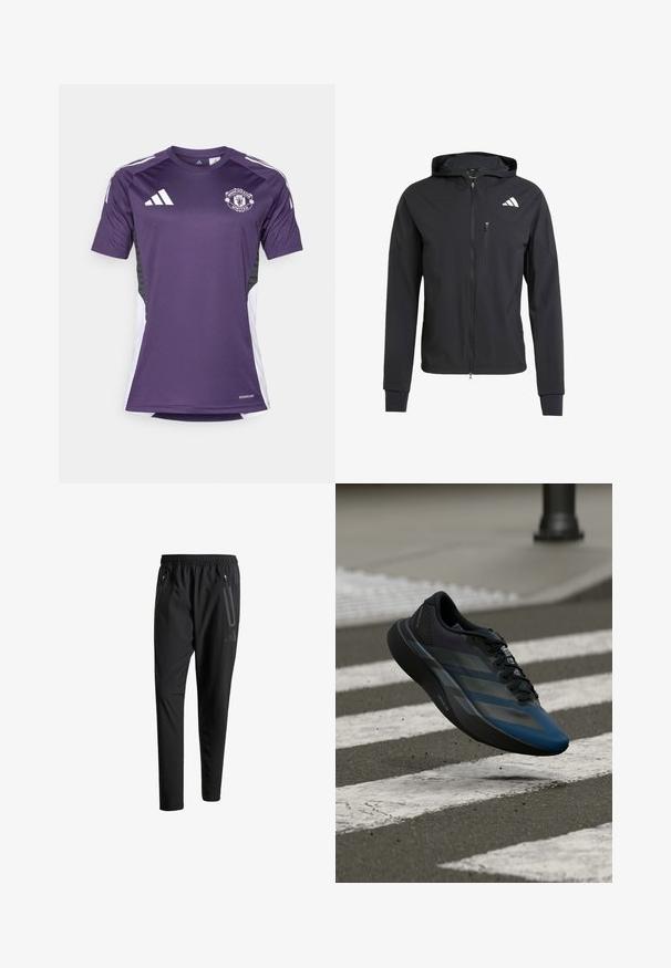 Sort zip-up hættetrøje lavet af blødt, letvægtsstof. Har en lynlåslomme på brystet og logo-detalje på øverste venstre side.; Lilla Manchester United trøje med korte ærmer, Adidas-logo og hvide sidelister. Fremstillet af fugttransporterende materiale.; Sorte atletiske bukser med elastisk talje, to lynlåslommer på siden, tætsiddende ben og en diskret logo-detalje på hoften.; Sort og blå atletiksko med et strømlinet design, med en tekstureret overdel, kontrasterende striber og en polstret sål, svævende over fortovet.