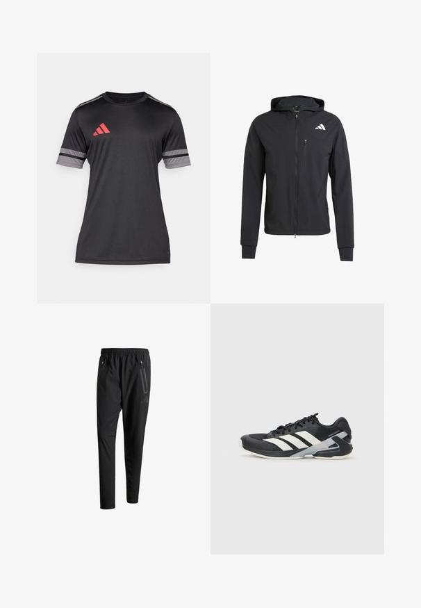 Jachetă neagră cu fermoar, cu glugă, realizată dintr-un material moale și ușor. Prezintă un buzunar pe piept cu fermoar și detalii cu logo în partea stângă sus.; Cămașă sport neagră cu mâneci scurte, având accente roșii și gri. Fabricată dintr-un material neted și ușor. Logo-ul Adidas pe piept.; Pantaloni atletici negri cu talie elastică, două buzunare laterale cu fermoar, picioare conice și un detaliu logo discret pe șold.; Pantofii sport negri cu dungi albe, superior din plasă, vârf rotunjit și talpă îmbunătățită pentru amortizare. Au o călcătură texturată și un sistem de șireturi securizat.