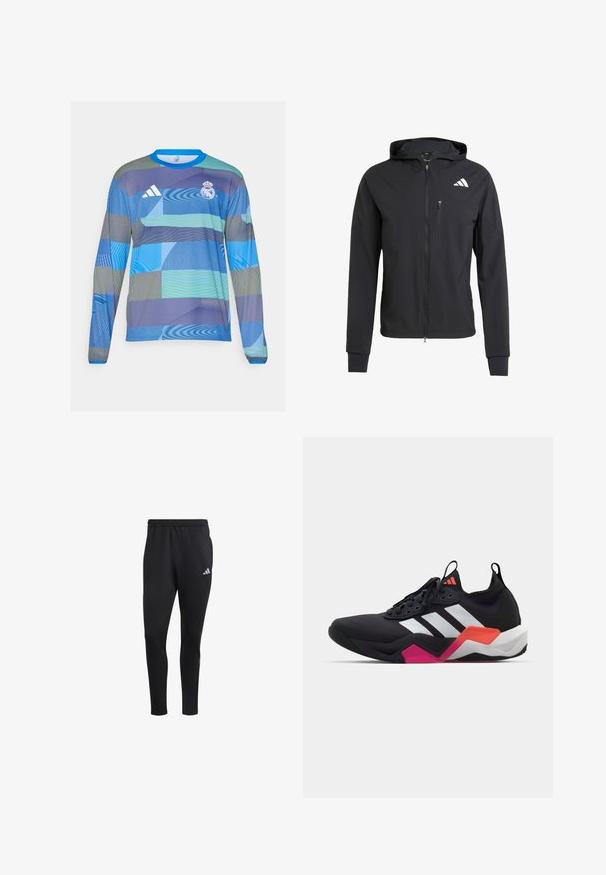 Crna zip-jakna s kapuljačom izrađena od mekog, laganog materijala. Ima ziper džep na grudima i detalj s logotipom na gornjoj lijevoj strani.; Dugotračni sportski dres sa plavim i zelenim geometrijskim uzorkom, izrađen od lagane tkanine s rebrastim plavim ovratnikom i Adidas logom.; adidas Performance OWN THE RUN ASTRO SEAMLESS KNIT - Donji dijelovi trenirke - black; Crne atletske tenisice s bijelim prugama, teksturiranim gornjim dijelom i debelim potplatom s narančastim, ružičastim i bijelim detaljima. Dizajn s vezicama i trakom za povlačenje.