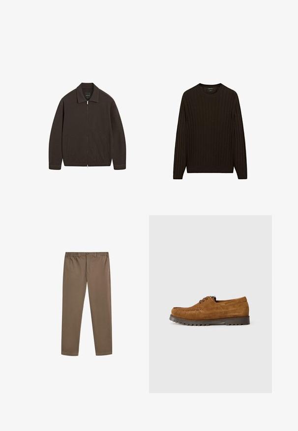 Dunkelbraune Zip-Jacke mit Kragen, langen Ärmeln, zwei seitlichen Taschen und geradem Saum, auf einem weißen Hintergrund präsentiert.; Brauner gerippter Pullover mit langen Ärmeln und rundem Ausschnitt. Verfügt über einen strukturierten Stoff und eine figurbetonte Passform an der Taille und den Bündchen.; Braune Baumwollchinos mit geradem Bein, elastischem Bund und Vordertaschen. Glatte Textur und minimale Nahtdetails.; Braune Wildleder-Schnürschuhe mit dickem schwarzem strukturiertem Absatz, sichtbaren Nähten und klassischem Mokassin-Design auf weißem Hintergrund.